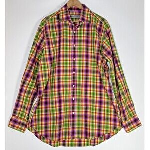 Etro Mens Shirt 44 Large Plaid Multicolor Green Purple Cotton Long Sleeve Italy